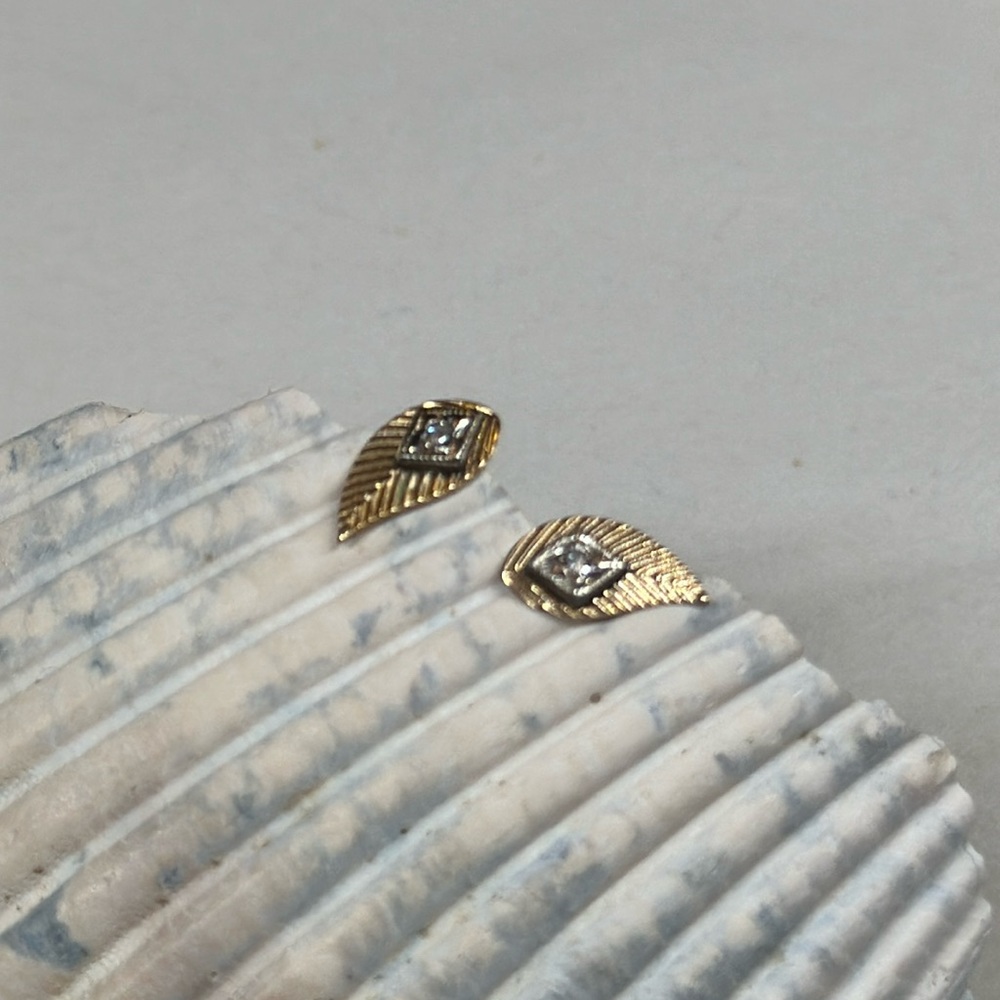 Tiny Dainty Leaf Earrings with Real Diamond Chips - Gold Tone, Pierced Post